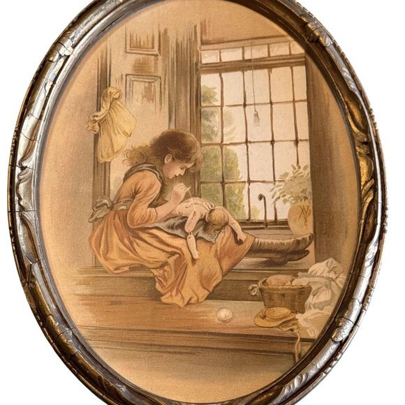 Antique Oval Print Of Girl Sewing Doll In Gold-Toned Frame 9"x7" - Picture 1 of 5